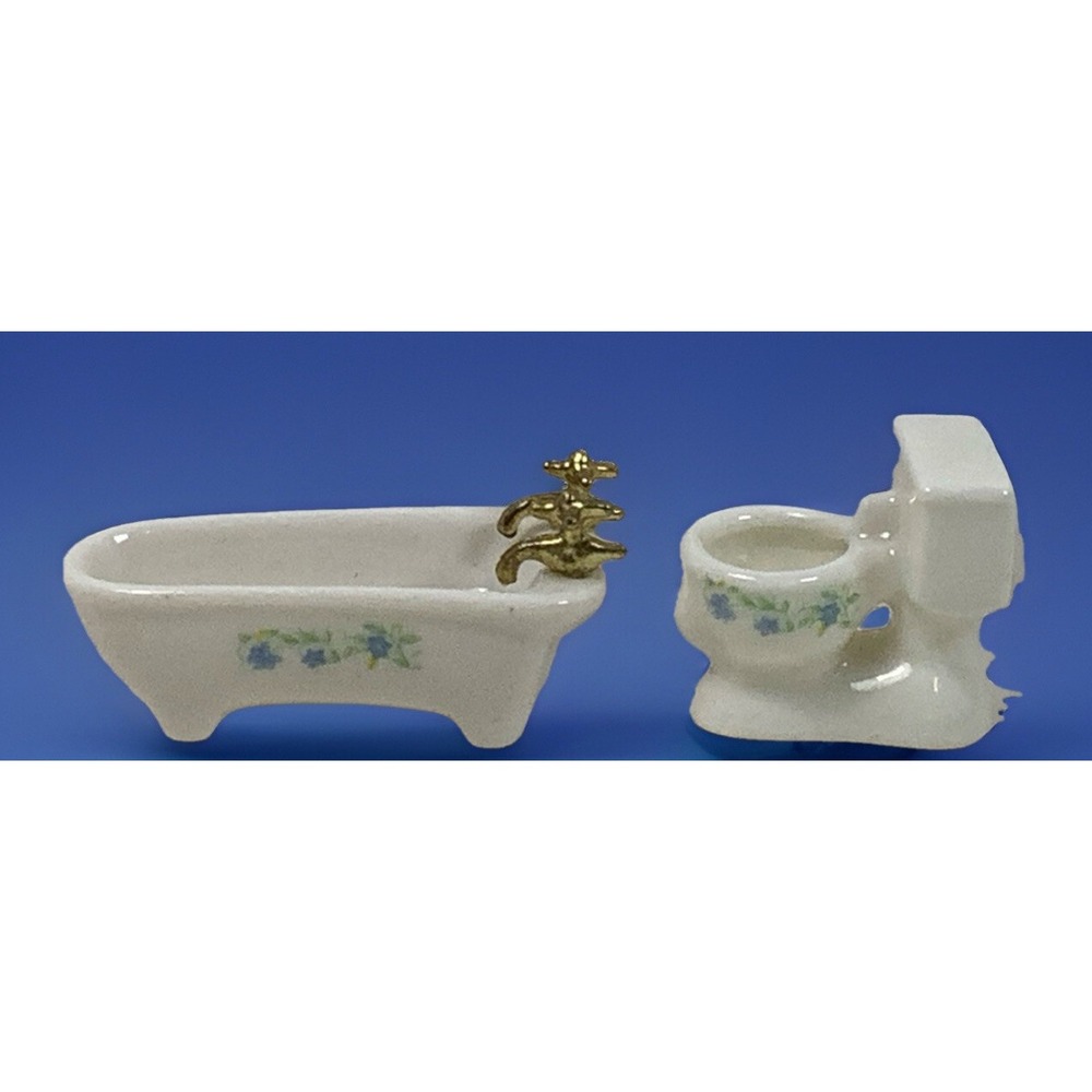 VINTAGE MINIATURE DOLLHOUSE PORCELAIN CLAWFOOT TUB & PEDESTAL SINK‎